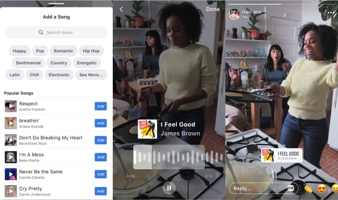 Facebook is also bringing music stickers from Instagram. Image: TechCrunch